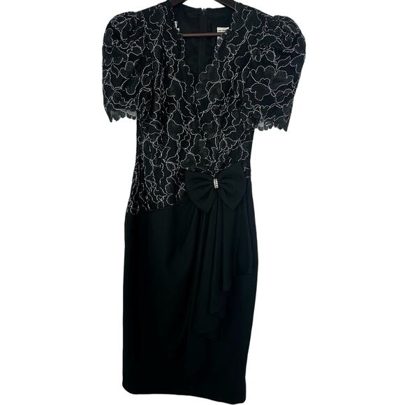 Vintage 80s Leslie Fay Black Silver Lace Cocktail Party Dress Size 4 - Picture 1 of 7